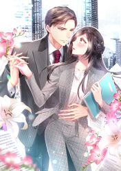 Rule 34 | 1boy, 1girl, absurdres, araragi soushi, arm around waist, black hair, blush, brown eyes, brown hair, eye contact, flower, formal, grey pants, hetero, highres, indoors, interlocked fingers, long hair, looking at another, necktie, office lady, official art, open mouth, original, pants, paper, plaid, plaid pants, red necktie, striped suit, suit, window