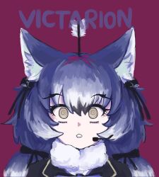 Rule 34 | 1girl, animal ear fluff, animal ears, arrow (projectile), blue hair, dire wolf (kemono friends), extetvictarion, extra ears, grey eyes, highres, jacket, kemono friends, kemono friends v project, long hair, looking at viewer, microphone, purple background, ribbon, scarf, simple background, solo, twintails, upper body, virtual youtuber, wolf ears, wolf girl