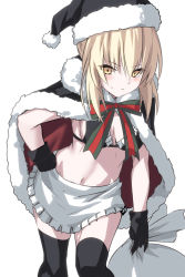 Rule 34 | 1girl, apron, artoria pendragon (all), artoria pendragon (alter swimsuit rider) (fate), artoria pendragon (alter swimsuit rider) (second ascension) (fate), artoria pendragon (fate), bikini, bikini top only, black thighhighs, blonde hair, breasts, cape, closed mouth, commentary request, fate/grand order, fate (series), frilled apron, frilled bikini, frilled bikini top, frills, fur trim, gloves, hat, legs, looking at viewer, maid, maid apron, maid bikini, ribbon, santa alter, santa costume, santa hat, shiseki hirame, simple background, small breasts, smile, solo, swimsuit, thighhighs, thighs, unconventional maid, white background, yellow eyes