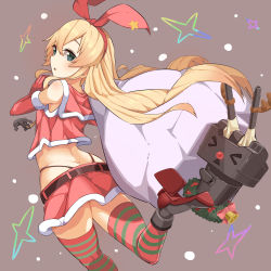 Rule 34 | 10s, 1girl, adapted costume, anchor hair ornament, black panties, blonde hair, bow, christmas, crop top, elbow gloves, gloves, grey eyes, hair bow, hair ornament, hairband, highleg, highleg panties, highres, kantai collection, long hair, miniskirt, over shoulder, panties, red gloves, red skirt, rensouhou-chan, sack, santa costume, shimakaze (kancolle), skirt, striped clothes, striped thighhighs, thighhighs, thong, uchiage cola, underwear, whale tail (clothing)