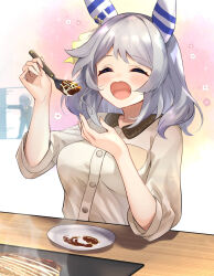 Rule 34 | 1girl, 1other, ^ ^, animal ears, blush, breasts, closed eyes, commentary request, food, grey hair, grey shirt, hands up, highres, hishi miracle (umamusume), horse ears, large breasts, meyamu, open mouth, plate, shirt, short sleeves, umamusume, upper body