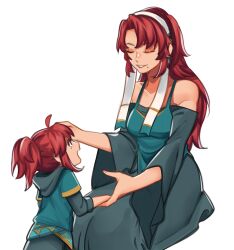 Rule 34 | 2girls, absurdres, age difference, aiphelix, aqua dress, aqua hoodie, bare shoulders, breasts, child, closed eyes, dark red hair, dress, earrings, hairband, headpat, high ponytail, highres, holding hands, jewelry, layered sleeves, long hair, long sleeves, looking at another, mature female, medium breasts, mole, mole under eye, mole under mouth, mother and daughter, multiple girls, original, parted lips, short over long sleeves, short sleeves, simple background, sitting, white background, white hairband, wide sleeves