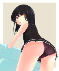 Rule 34 | 1girl, ass, awums, bare legs, bare shoulders, beige background, black hair, black shirt, black skirt, blush, brown background, casual, commentary, couch, from behind, from below, highres, leaning forward, leaning on object, long hair, looking back, looking to the side, open mouth, original, panties, pleated skirt, polka dot, polka dot panties, purple panties, shirt, skirt, sleeveless, solo, thighs, underwear, upskirt, yellow eyes