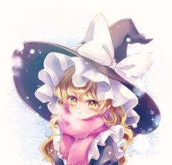 Rule 34 | 1girl, :o, black hat, black shirt, blonde hair, blush, bow, breath, chestnut mouth, commentary, eyelashes, frilled hat, frills, hat, hat bow, highres, kirisame marisa, long hair, looking at viewer, pink scarf, puffy sleeves, scarf, shirt, snowing, solo, symbol-only commentary, touhou, upper body, wavy hair, white background, white bow, winter clothes, witch hat, yellow eyes, yurigaoka nayuki