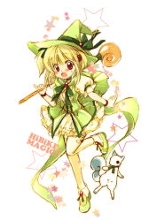 Rule 34 | 1girl, :o, blonde hair, blush, creature, dress, green dress, hat, hibiki, hibiki no mahou, holding, holding weapon, izumi rei, looking at viewer, magical girl, monster, open mouth, polearm, red eyes, ribbon, side ponytail, solo, squirrel, standing, standing on one leg, star (symbol), sweat, wand, weapon, witch hat