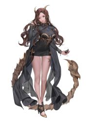 Rule 34 | 1girl, absurdres, bad id, bad twitter id, black dress, black footwear, blue eyes, braid, breasts, brown hair, chyoel, copyright request, cup, dress, drinking glass, french braid, full body, head tilt, high heels, highres, holding, holding cup, horns, long hair, long sleeves, looking at viewer, medium breasts, parted lips, scorpion tail, short dress, simple background, solo, tachi-e, tail, white background, wine glass