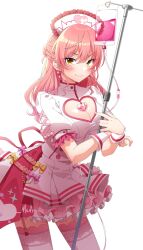 Rule 34 | 1girl, blush, bow, breasts, cleavage, cleavage cutout, clothing cutout, dress, earrings, garter straps, hat, heart, heart cutout, heart earrings, idolmaster, idolmaster cinderella girls, jewelry, jougasaki mika, large breasts, looking at viewer, medium breasts, nurse, nurse cap, pink hair, puffy short sleeves, puffy sleeves, sgawarananto, short sleeves, simple background, smile, solo, thighhighs, white background, white thighhighs