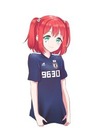 Rule 34 | 10s, 1girl, 2018 fifa world cup, adidas, bad id, bad twitter id, ball, blue shirt, commentary request, cropped torso, facial mark, flag print, gorilla-shi, green eyes, hair bobbles, hair ornament, highres, japanese flag, jersey, kurosawa ruby, logo, looking at viewer, love live!, love live! sunshine!!, red hair, shirt, shirt tug, short sleeves, simple background, smile, soccer, soccer ball, soccer ball hair ornament, soccer uniform, solo, sportswear, standing, two side up, upper body, white background, world cup
