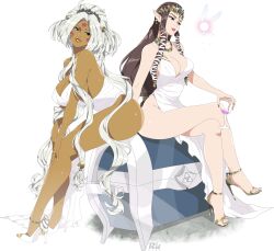 Rule 34 | 2girls, absurdres, alternate costume, arm support, artist logo, ass, bare legs, bare shoulders, bracelet, breasts, brown hair, character request, cleavage, collarbone, commentary, copyright request, crossed legs, cup, dark-skinned female, dark skin, dress, drinking glass, earrings, english commentary, eyelashes, facial mark, fairy, feet, full body, gold footwear, gold nails, grey hair, hair intakes, hair ornament, hair tubes, high heels, highres, holding, holding cup, jewelry, large breasts, legs, lens flare, long hair, looking at another, mixed-language commentary, multiple girls, nail polish, nintendo, parted lips, pink lips, pointy ears, princess zelda, r3dfive, revision, shiny skin, sideboob, sidelocks, simple background, sitting, sleeveless, sleeveless dress, star (symbol), star facial mark, stiletto heels, strappy heels, the legend of zelda, the legend of zelda: twilight princess, thighs, toe ring, toenail polish, toenails, toes, treasure chest, very long hair, white background, white dress, white footwear, wine glass