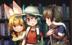Rule 34 | 10s, 3girls, animal ears, backpack, bag, black eyes, black gloves, blonde hair, blue eyes, book, bookshelf, bow, bowtie, brown hair, bucket hat, commentary request, elbow gloves, fur collar, gloves, green hair, hat, hat feather, highres, holding, holding book, kaban (kemono friends), kemono friends, long hair, looking at another, mammoth (kemono friends), multiple girls, open mouth, print gloves, print neckwear, profile, red shirt, serval (kemono friends), serval print, shirt, short hair, signature, welt (kinsei koutenkyoku), yellow eyes