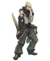 Rule 34 | 1boy, aq interactive, armor, beads, belt, belt pouch, blonde hair, boots, bracelet, chain, chaps, cross, earrings, elbow gloves, fingerless gloves, fujisaka kimihiko, full body, gloves, grey eyes, hair between eyes, jackal (the last story), jewelry, looking at viewer, male focus, mistwalker, muscular, nintendo, official art, pants, pouch, ring, sandals, scar, scarf, sheath, short hair, single elbow glove, single glove, smile, solo, standing, studded belt, sword, the last story, toes, transparent background, vest, weapon, white background, wristband