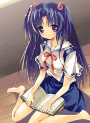 Rule 34 | 00s, 1girl, barefoot, book, bow, clannad, hair bobbles, hair ornament, ichinose kotomi, long hair, open book, paco, purple eyes, purple hair, school uniform, serafuku, sitting, solo, twintails, two side up, wariza