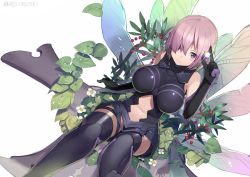 Rule 34 | 1girl, armor, armored boots, armored dress, bare shoulders, black footwear, black gloves, black thighhighs, blush, boots, breasts, closed mouth, clothing cutout, dutch angle, elbow gloves, fate/grand order, fate (series), flower, food, fruit, gem, glint, gloves, greaves, hair over one eye, holding, katsudansou, large breasts, leaf, looking at viewer, mash kyrielight, navel, navel cutout, one eye covered, plant, purple eyes, purple hair, saint quartz (fate), short hair, simple background, sitting, sleeveless, smile, solo, sparkle, stomach, thigh strap, thighhighs, twitter username, white background, white flower