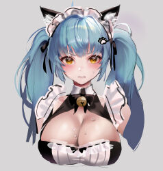 Rule 34 | 1girl, animal ears, apron, black dress, black ribbon, blue hair, blush, breasts, cat ears, cleavage, clenched teeth, dress, fake animal ears, goddess of victory: nikke, hair ribbon, huyio, large breasts, light blue hair, long hair, maid, maid headdress, neck bell, official alternate costume, paw hair ornament, privaty (nikke), privaty (unkind maid) (nikke), ribbon, solo, sweat, sweatdrop, teeth, twintails, very long hair, white apron, yellow eyes