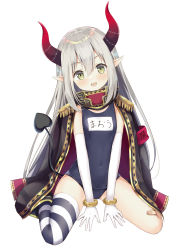 Rule 34 | 1girl, :d, bandaid, bare shoulders, between legs, black coat, black one-piece swimsuit, boots, bracelet, coat, demon horns, demon tail, elbow gloves, emma august, epaulettes, fuji noyume, gloves, gold trim, green eyes, highres, horns, jacket, jacket on shoulders, jewelry, long hair, looking at viewer, name tag, nijisanji, one-piece swimsuit, open mouth, pointy ears, school swimsuit, sidelocks, silver hair, simple background, single thighhigh, sitting, smile, solo, striped clothes, striped thighhighs, swimsuit, tail, thighhighs, thighs, very long hair, virtual youtuber, wariza, white background, white gloves