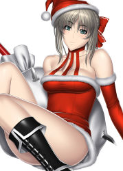 Rule 34 | 1girl, absurdres, bag, bare shoulders, blush, boots, breasts, cassandra alexandra, choker, christmas, cleavage, elbow gloves, gloves, green eyes, hair ornament, hat, highres, kansuke, looking at viewer, santa hat, simple background, sitting, smile, solo, soul calibur, sword, weapon, white background