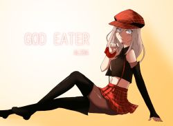 Rule 34 | 10s, 1girl, alisa ilinichina amiella, ariasky, arm support, bad id, bad pixiv id, blonde hair, frown, god eater, god eater burst, hat, long hair, looking at viewer, midriff, pantyhose, grey eyes, skirt, solo, suspender skirt, suspenders, thighhighs