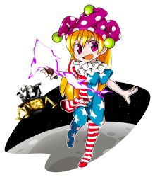 Rule 34 | 1girl, blonde hair, blush stickers, byourou, clownpiece, fang, hat, jester cap, leg lift, open mouth, pantyhose, print pantyhose, purple eyes, simple background, solo, striped clothes, striped pantyhose, torch, touhou, white background