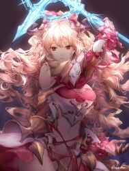 Rule 34 | 1girl, armor, axe, bare shoulders, battle axe, bikini, bikini bottom only, blonde hair, breasts, cleavage, elbow gloves, frown, gauntlets, gloves, granblue fantasy, hair ribbon, highres, horns, large breasts, long hair, looking at viewer, michudx, navel, red eyes, ribbon, solo, swimsuit, torn clothes, vira (granblue fantasy), wavy hair, weapon