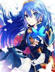 Rule 34 | 1girl, armor, bad id, bad pixiv id, blue eyes, blue footwear, blue gloves, blue hair, blue pants, boots, bug, butterfly, cape, closed mouth, fingerless gloves, fire emblem, fire emblem awakening, floating hair, gloves, hair between eyes, hairband, insect, long hair, looking at viewer, lucina (fire emblem), nintendo, pants, red cape, shoulder armor, sitting, smile, solo, thigh boots, thighhighs, tida 2112, very long hair, white background, yellow hairband