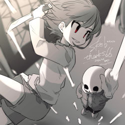 Rule 34 | 1boy, 1other, artist name, black shorts, bone, chara (undertale), commission, cowboy shot, dated, dutch angle, full body, grey hair, grey hoodie, grey shirt, grey shorts, highres, holding, holding knife, holding weapon, hood, hoodie, knife, leftporygon, long sleeves, looking at another, medium hair, midair, motion blur, multicolored shirt, open clothes, open hoodie, parted lips, red eyes, sans (undertale), sepia, shirt, shorts, skeb commission, skull, slippers, smile, stained glass, turtleneck, undertale, weapon, white shirt