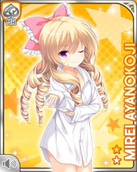Rule 34 | 1girl, arm under breasts, ayanokoji mirei, blonde hair, blouse, bottomless, bow, card, character name, closed eye, closed mouth, curly hair, drill hair, girlfriend (kari), hair ornament, long hair, official art, ouju, pink bow, purple eyes, qp:flapper, ringlets, shirt, smile, solo, standing, tagme, very long hair, white shirt, yellow background