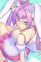 Rule 34 | 1girl, ahoge, animal ears, annoyed, apron, arm support, ass, bare shoulders, blush stickers, breasts, choker, cleavage, clothes pull, collarbone, covered erect nipples, di gi charat, dice hair ornament, downblouse, dress, dress pull, frills, from above, from behind, glasses, hair intakes, hair ornament, hair ribbon, hand on own chest, jitome, katou ryouichi, knees together feet apart, large breasts, long hair, looking at viewer, looking back, looking up, low neckline, nail polish, nose, parted hair, pink-framed eyewear, pink nails, pink ribbon, purple eyes, purple hair, pursed lips, rabbit ears, ribbon, ribbon choker, semi-rimless eyewear, shoulder blades, sitting, skirt, solo, tsurime, twintails, underbust, usada hikaru, wrist cuffs
