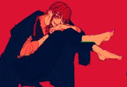 Rule 34 | 1girl, black pants, black suit, chainsaw man, feet, flat color, formal, glitch, highres, jacket, makima (chainsaw man), open mouth, pants, pecopecosupipi, red background, red hair, simple background, suit, suit jacket