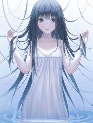 Rule 34 | 1girl, absurdres, black hair, blue eyes, blunt bangs, choker, commentary, dress, facing viewer, hands up, highres, holding, holding hair, long hair, on water, original, solo, summer uniform, white choker, white dress, youngsok