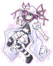 Rule 34 | 1girl, green eyes, hat, kugelschreiber, looking at viewer, merry nightmare, purple hair, ribbon, simple background, skirt, smile, solo, striped clothes, striped thighhighs, thighhighs, white hat, yumekui merry