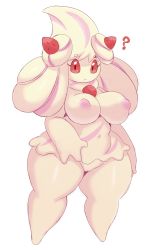 Rule 34 | 1girl, :&lt;, ?, absurdres, alcremie, breasts, brown eyes, cleft of venus, colored sclera, cream, creatures (company), curvy, eric lowery, eyelashes, food, fruit, game freak, gen 8 pokemon, highres, large breasts, long hair, looking at viewer, monster girl, navel, nintendo, nipples, nude, personification, pokemon, pokemon (creature), pokemon swsh, pussy, red sclera, slime girl, standing, strawberry, thick thighs, thighs, twintails, uncensored, white background, white hair, wide hips