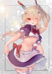 Rule 34 | 1girl, alternate costume, apron, ayanami (azur lane), azur lane, black choker, black shirt, black skirt, blush, bow, breasts, choker, commentary request, crop top, enmaided, hair between eyes, hair ornament, headgear, high ponytail, karinto yamada, light brown hair, long hair, looking at viewer, maid, midriff, navel, one eye closed, parted lips, ponytail, puffy short sleeves, puffy sleeves, red bow, red eyes, shirt, short sleeves, signature, skindentation, skirt, small breasts, solo, thighhighs, underboob, very long hair, waist apron, white apron, white thighhighs