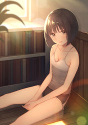 Rule 34 | 1girl, bad id, bad pixiv id, bare shoulders, between legs, black hair, black shorts, blunt bangs, blush, bob cut, book, bookshelf, breasts, brown eyes, camisole, cleavage, collarbone, hand between legs, highres, lens flare, light blush, looking at viewer, on floor, open mouth, original, own hands clasped, own hands together, plant, short hair, short shorts, shorts, small breasts, smile, solo, spaghetti strap, sunset, tanbonota46, wainscoting, white camisole, window, wooden floor