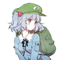 Rule 34 | 1girl, backpack, bad id, bad nicoseiga id, bag, blue eyes, blue hair, hair bobbles, hair ornament, hat, honotai, kawashiro nitori, key, matching hair/eyes, short hair, simple background, solo, touhou, twintails, two side up, white background, wide-eyed