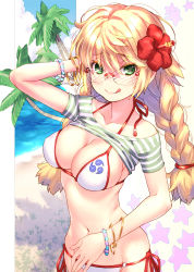 Rule 34 | 1girl, :q, beach, bikini, blonde hair, blue sky, blush, bracelet, braid, breasts, cleavage, clothes lift, cloud, collarbone, commentary request, cropped shirt, day, flower, freckles, glasses, green eyes, hair flower, hair ornament, halterneck, hibiscus, highres, jewelry, large breasts, licking lips, long hair, looking at viewer, mitsudomoe (shape), navel, original, outdoors, pale skin, raika9, rimless eyewear, shirt, shirt lift, shore, short sleeves, side-tie bikini bottom, sky, smile, solo, standing, striped clothes, striped shirt, swimsuit, tomoe (symbol), tongue, tongue out, twin braids, water, white bikini