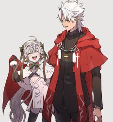 Rule 34 | 1boy, 1girl, ahoge, amakusa shirou (fate), cloak, closed eyes, coat, cross, elbow gloves, eyebrows hidden by hair, fate/grand order, fate (series), gloves, hair ribbon, headpiece, highres, jeanne d&#039;arc (fate), jeanne d&#039;arc alter santa lily (fate), long hair, looking at another, necktie, open mouth, ponytail, ribbon, santa costume, short hair, silver hair, smile, thighhighs, tofu (bean359)