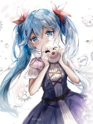 Rule 34 | 1girl, artist name, bad id, bad pixiv id, blue eyes, blue hair, covering own mouth, dress, floating hair, hair between eyes, hair ribbon, hatsune miku, highres, holding, holding mask, karakuri pierrot (vocaloid), long hair, looking at viewer, mask, ptmko d, red ribbon, ribbon, sleeveless, sleeveless dress, solo, standing, tears, twintails, very long hair, vocaloid, white background