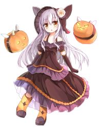 Rule 34 | 1girl, animal hat, brown hat, commentary request, detached sleeves, elbow gloves, full body, gloves, hair between eyes, halterneck, hat, head tilt, jack-o&#039;-lantern, long hair, looking at viewer, open mouth, orange eyes, original, pumpkin, silver hair, simple background, solo, standing, standing on one leg, very long hair, white background, yuuhagi (amaretto-no-natsu)