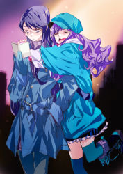 Rule 34 | 10s, 2girls, alternate costume, blush, boots, closed eyes, coat, couple, cross-laced footwear, glasses, gloves, hand in pocket, hat, heartcatch precure!, hug, jacket, kurumi momoka, lace-up boots, long hair, multiple girls, open mouth, precure, purple hair, reading, tears, thighhighs, tima, trench coat, tsukikage yuri, winter clothes, yuri