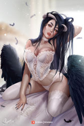 Rule 34 | 1girl, albedo (overlord), black feathers, black hair, black wings, breasts, choker, cleavage, dakimakura (object), demon girl, demon horns, feathered wings, feathers, fingernails, highres, horns, lace, large breasts, lingerie, long hair, looking at viewer, low wings, mole, mole on cheek, mole on shoulder, mole under eye, overlord (maruyama), panties, pillow, prywinko, sharp fingernails, skeleton, solo, straddling, thighhighs, underwear, underwear only, white thighhighs, wings, yellow eyes