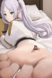 Rule 34 | 1boy, 1girl, absurdres, barefoot, bed, black hair, capelet, drop earrings, earrings, elf, feet, foot focus, footer@unyaaan, frieren, green eyes, grey hair, highres, jewelry, lying, mini person, miniboy, multicolored hair, on bed, on stomach, orange hair, pillow, pointy ears, presenting foot, short hair, size difference, skirt, sousou no frieren, stark (sousou no frieren), twintails, white capelet, white skirt