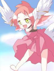 Rule 34 | 100 percent orange juice, animal ears, armband, armlet, bird ears, bird girl, bird tail, blush, bow, cook (orange juice), dress, feathers, highres, jewelry, no shoes, pink dress, pink hair, tagme, tail, white feathers, winged arms, wings, yellow eyes
