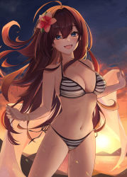 Rule 34 | 1girl, :d, absurdres, ahoge, backlighting, bangle, bare arms, bare shoulders, bikini, blue eyes, bracelet, breasts, brown hair, cleavage, cowboy shot, doongdang, earrings, floating hair, flower, hair flower, hair ornament, halterneck, highres, holding, huge filesize, ichinose shiki, idolmaster, idolmaster cinderella girls, jewelry, long hair, looking at viewer, medium breasts, navel, open mouth, outstretched arms, side-tie bikini bottom, smile, solo, stomach, string bikini, striped bikini, striped clothes, sunset, swimsuit, thighs, towel, very long hair, wet
