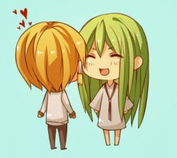 Rule 34 | 2boys, ^ ^, animated, animated gif, aqua background, blonde hair, chibi, closed eyes, earrings, enkidu (fate), false smile, fate/strange fake, fate/zero, fate (series), gilgamesh (fate), green hair, heart, jewelry, long hair, lowres, luperce, male focus, multiple boys, musical note, necklace, official alternate costume, robe, short hair, slapping, smile