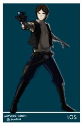 Rule 34 | 1boy, animification, autumn-north, belt, boots, energy gun, full body, gun, han solo, handgun, harrison ford, holster, male focus, open clothes, open vest, science fiction, scope, short hair, simple background, sketch, solo, star wars, thigh holster, vest, weapon