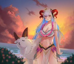 Rule 34 | 1girl, absurdres, bare shoulders, beach, bikini, blush, breasts, cleavage, cloud, cloudy sky, fire emblem, fire emblem heroes, freyja (fire emblem), goat, goat horns, highres, horns, inflatable toy, large breasts, loose clothes, midriff, navel, nintendo, red eyes, silver hair, sky, solo, sunset, swimsuit