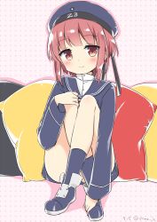 Rule 34 | 10s, 1girl, blush, bottomless, brown hair, buttons, clothes writing, dated, german flag, hat, kantai collection, crossed legs, light smile, long sleeves, looking at viewer, masuishi kinoto, military, military uniform, outline, pillow, pink background, red eyes, red hair, sailor collar, sailor hat, shima (shima je), short hair, sitting, smile, solo, twitter username, uniform, z3 max schultz (kancolle)