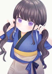 Rule 34 | 1girl, absurdres, apron, black hair, blue kimono, blush, brown apron, bunching hair, closed mouth, commentary request, grey background, highres, inoue takina, japanese clothes, kimono, long hair, looking at viewer, lycoris recoil, purple eyes, short sleeves, simple background, solo, suzu (minagi), tasuki, very long hair, waist apron, wide sleeves