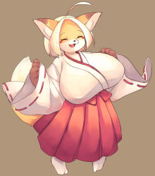 Rule 34 | akitaka (mcdonnell-douglas), breasts, closed eyes, fang, fox, furry, huge breasts, japanese clothes, smile, white hair