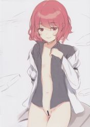 Rule 34 | 1girl, absurdres, bar censor, black shirt, bottomless, censored, closed mouth, ears visible through hair, flat chest, grey background, highres, horikawa raiko, ke-ta, long sleeves, navel, no bra, open clothes, open shirt, pussy, red eyes, red hair, shirt, short hair, simple background, sketch, smile, solo, touhou, translation request